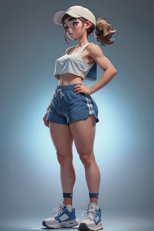 athletic teen, 175 cm tall, wearing baggy running shorts, baggy spaghetti strap crop top, sneakers, baby face,sweaty armpits, well-defined shoulders, sports cap, (full body view, plump breasts)