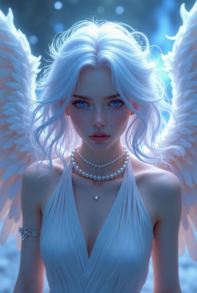 I want a beautiful woman, with hair with white and light blue hair, lilac eyes, a 6 winged deity, with multipersonality, wearing a pearl necklace, using their elemental powers