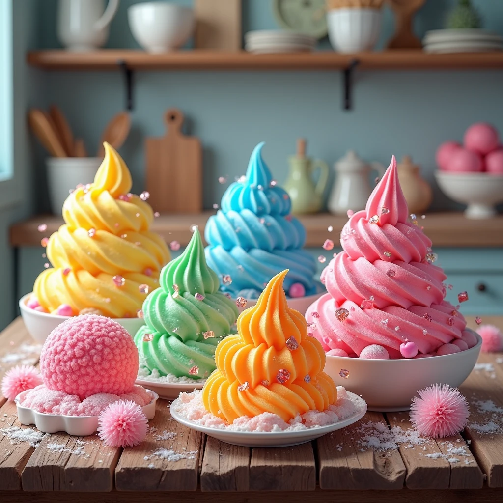 Colorful ice cream and snowballs and cups with gelatin on realistic kitchen table