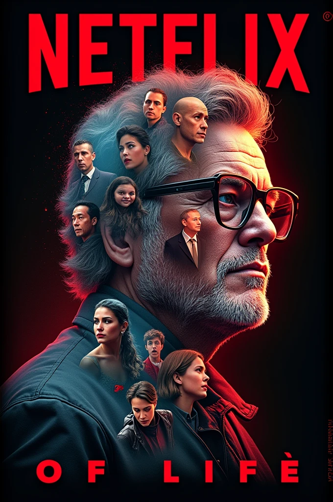 Create a cover where you have several Netflix movie posters with the following main title " Netflix of life" from the same source as Netflix 
