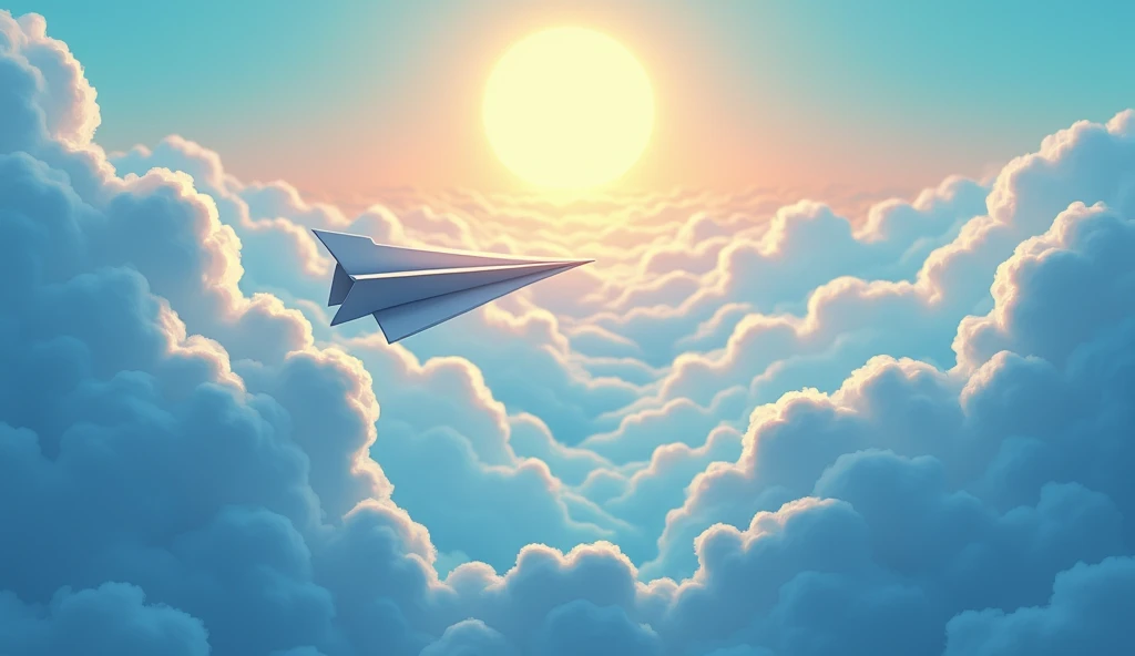 An ultra-high-resolution animated illustration depicting a sky with a rising sun and a big paper airplane flying over blue clouds, viewed from above, displayed on a very wide screen.