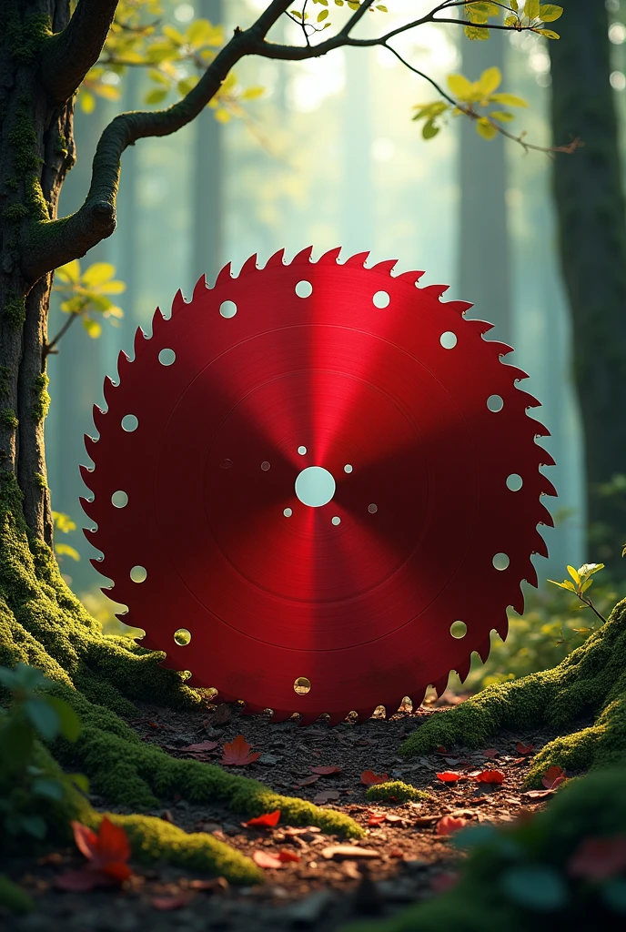 circular saw blade wood red colour with forest under tree