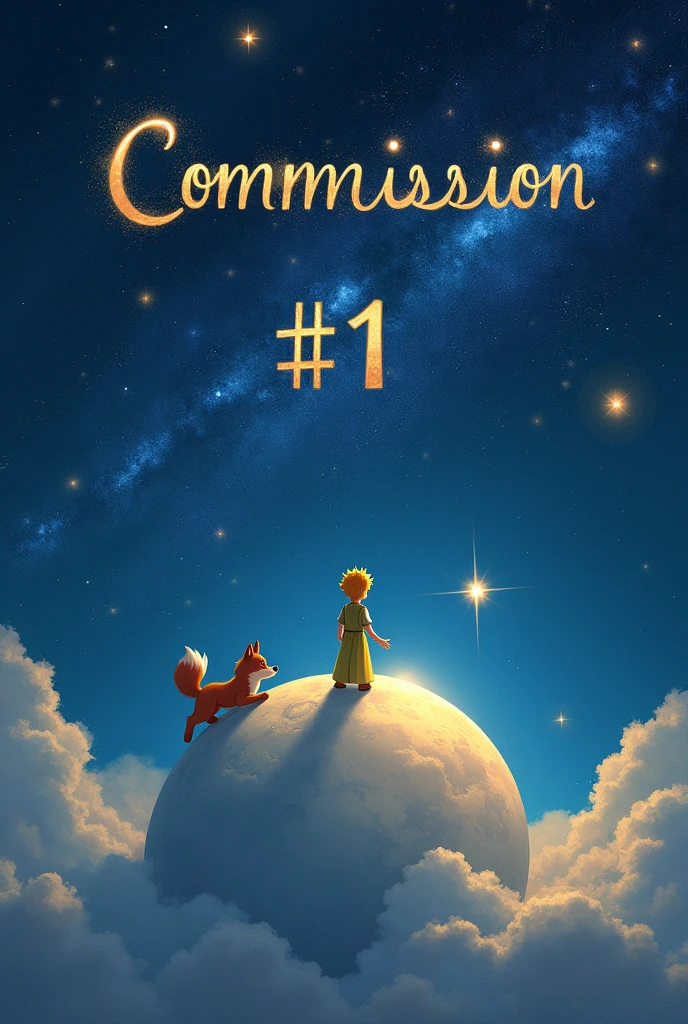 It should say verbatim at the top: Commission N#1 in large letters the background should be space and the little prince and the fox should be above the moon looking at the letters that say Commission N#1