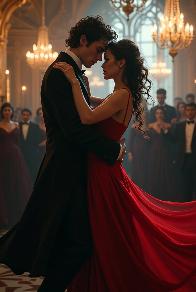 vampire ball, young vampire and human youngwoman dancing in agressive way, they are passionate