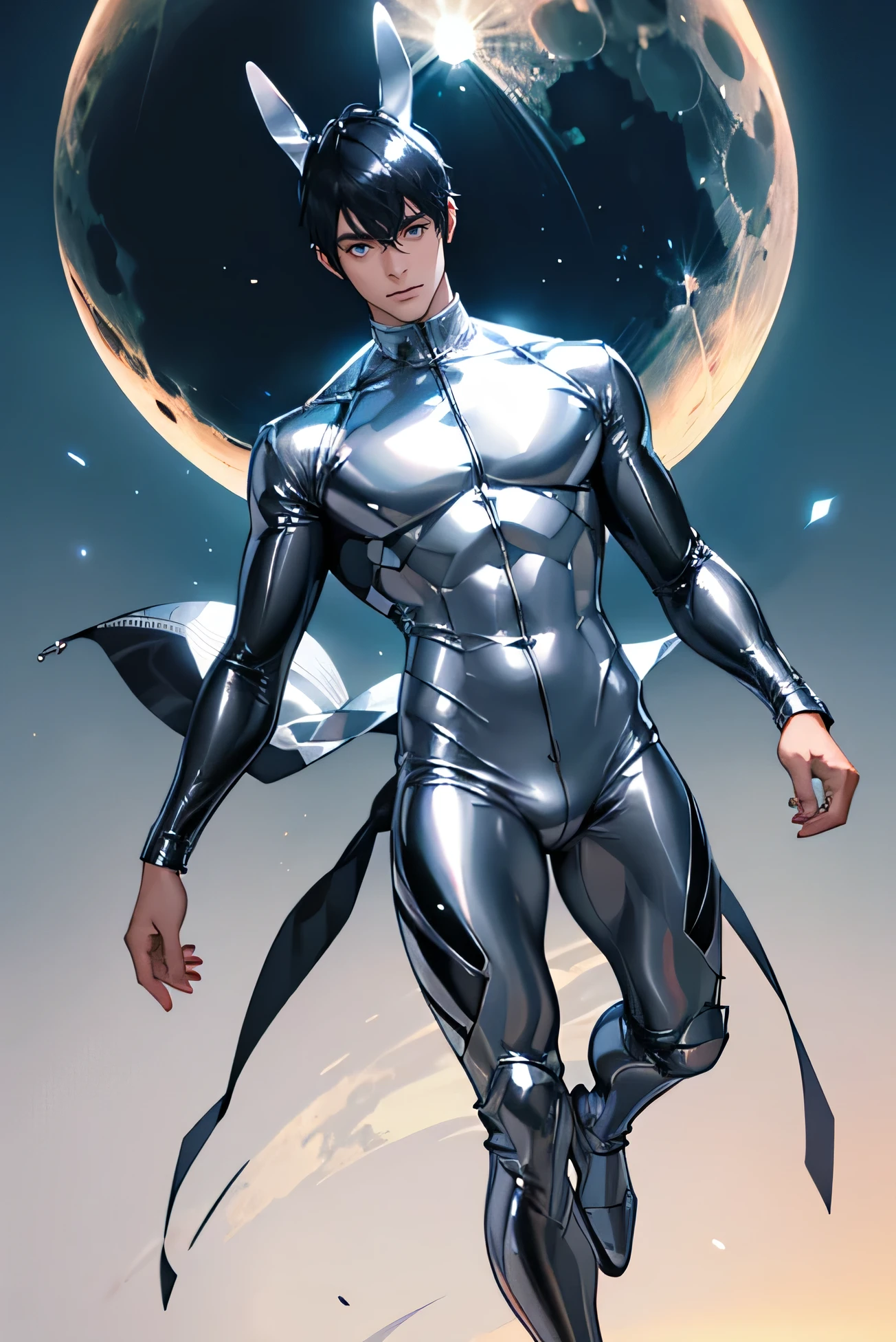 Japanese　　Handsome model　male　　smile　　　Black Hair　　Short cut　Short hair　　　looking at the camera　　　　　Shiny full-body silver suit　Shiny silver latex suit　　looking at the camera　future world　 　universe　Full moon in the background　　　Face close-up　Bunny ears