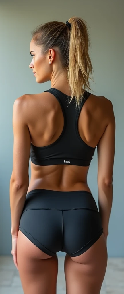 (highly detailed) Hot young tennage girl is wearing dark matte black tight polyester gym shorts with white top she has blond wavy hair freckles and her ass is bigger her brest is big HD real photo 8K she is fit her waist is slim she is looking very young her brest is very big she curves her face is looking very young and thin she is looking young she is standing she has very big ass view from the ass
Her tits is jiggling her ass is big she is wearing ponytail