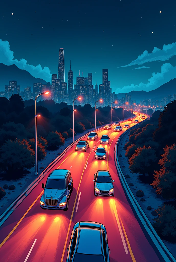 Highway at night in comic drawing