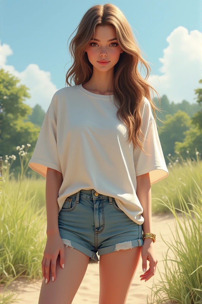Girl with long t-shirt and short shorts