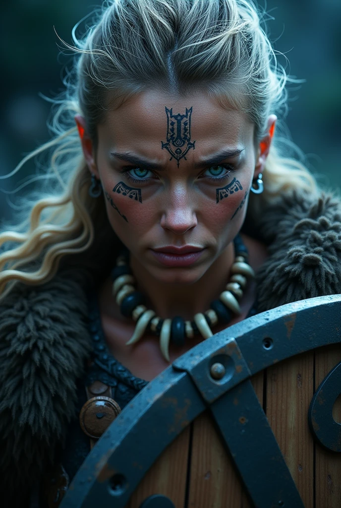 Close up face beautiful viking woman, wooden shield in hand , strong blue light in the eyes, crown of the goddess freya , tribal design on the eyes, Angry, bone ornaments on the neck, battle armor, with hate, focused
