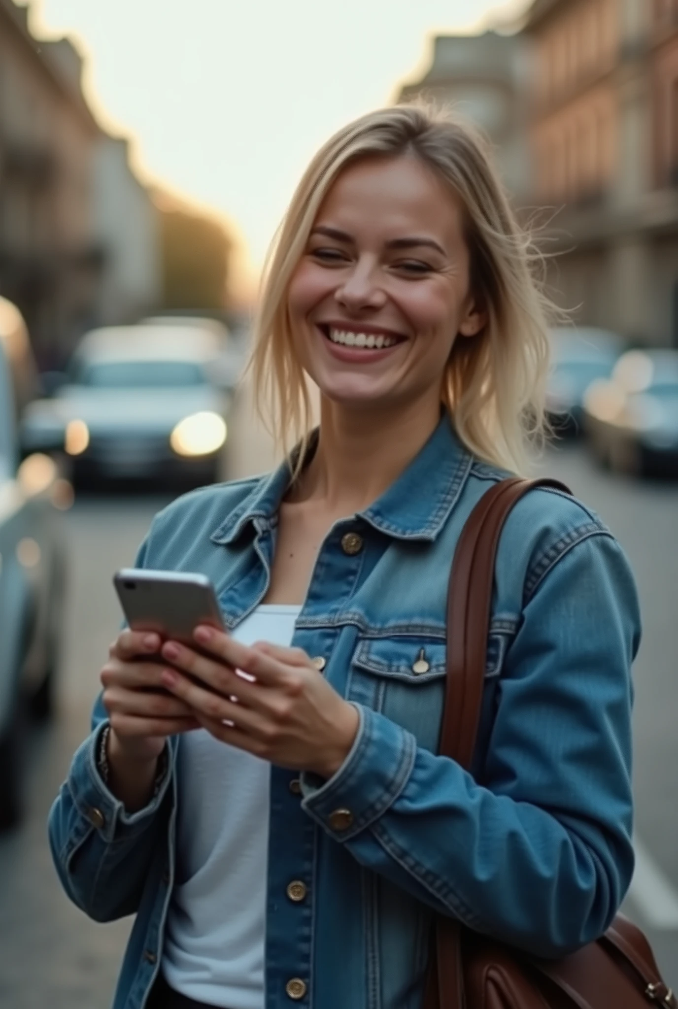 A woman using a mobile app on her phone while waiting for a vehicle.