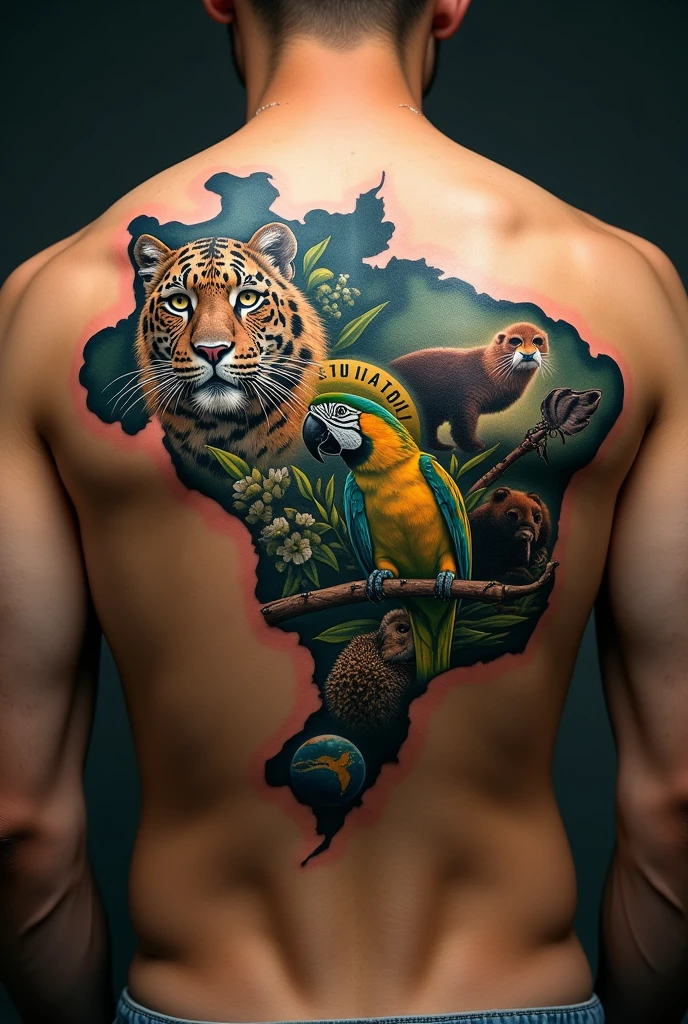 a male tattoo in the shape of Brazil, where each biome is represented by a national animal tattoo with realistic features