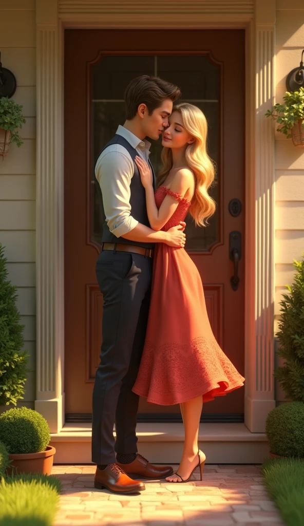 A handsome man giving a kiss on  the cheek to a blonde woman at the door of her house, pixar style, cinematic, masterpiece, high-aesthetic, portrait 