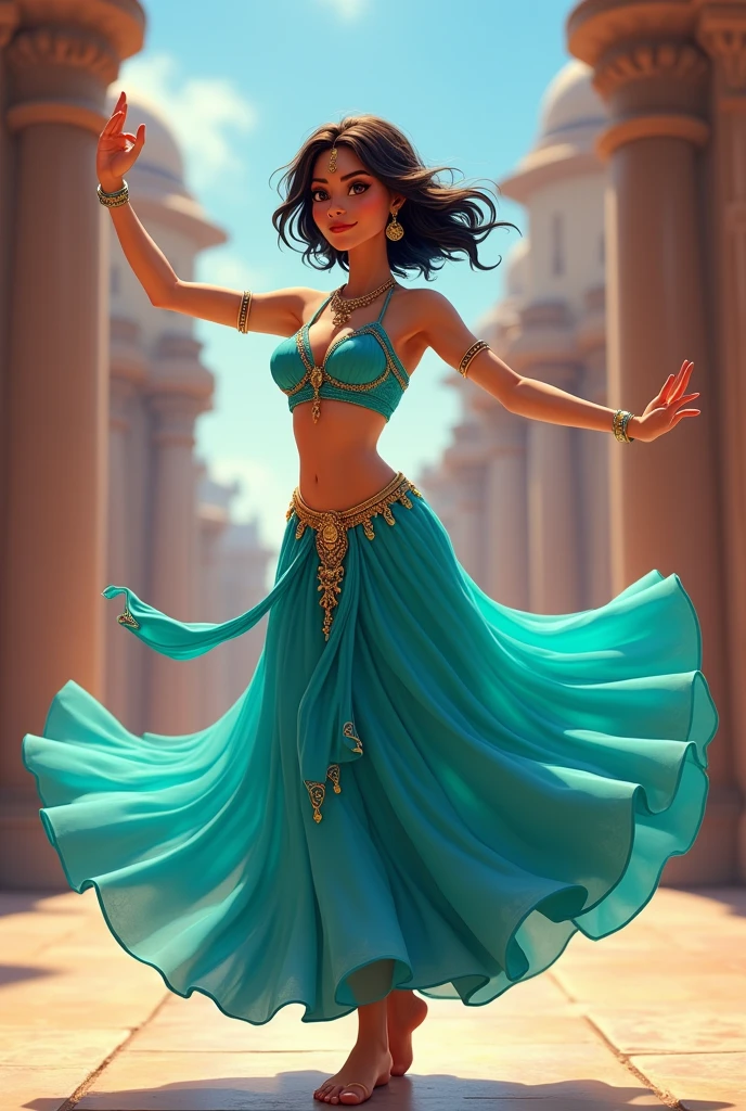 ((art animation 2D)) 20 year old woman with short wavy brown hair with dark blue dyed tips, with blue skin, Brown eyes, with good body, wearing a turquoise colored indian ballerina costume, dancing 