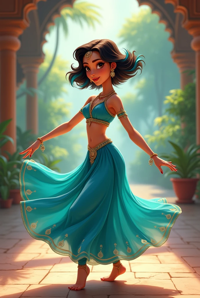 ((art animation 2D)) 20 year old woman with short wavy brown hair with dark blue dyed tips, with blue skin, Brown eyes, with good body, wearing a turquoise colored indian ballerina costume, dancing