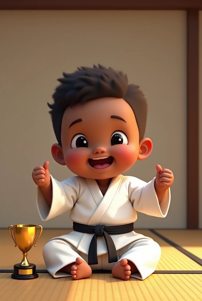 Create an image of a chubby black child, wearing a white kimono and black belt on a tatami smiling and next to his golden trophy happy with the victory