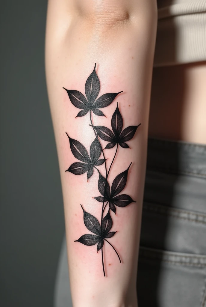 Image of a tattoo for a thin arm of black Japanese leaves