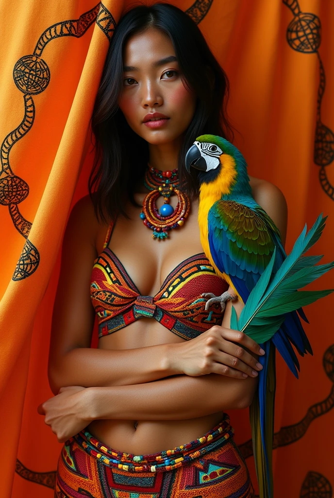 Orange fabric, fashion, a native top model with macaw feather props on her arm, Yanomami from Brazil, oriental features, straight hair, light brown skin, body with indigenous graphics with soft lines, neck with colorful beaded necklaces, abstract fabric, indigenous graphic pattern drawn in black on the edges of the fabric