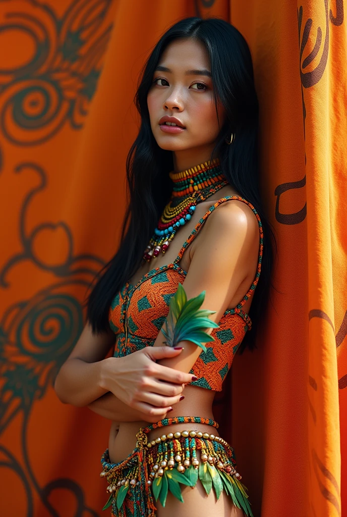Orange fabric, fashion, a native top model with macaw feather props on her arm, Yanomami from Brazil, oriental features, straight hair, light brown skin, body with indigenous graphics with soft lines, neck with colorful beaded necklaces, abstract fabric, indigenous graphic pattern drawn in black on the edges of the fabric