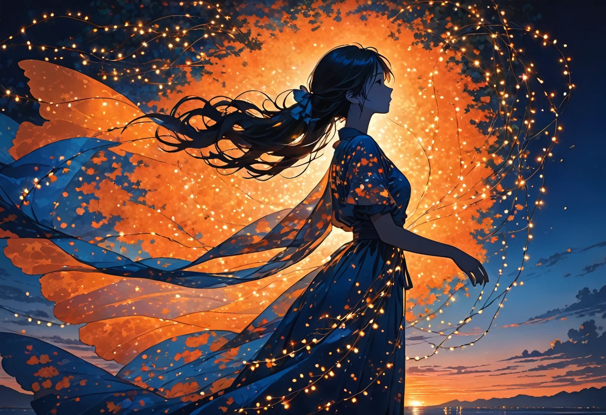The image depicts the silhouette of a person standing against a stunning sunset backdrop. The sky transitions from a rich orange near the horizon to deep blue as it ascends. The person appears to be wrapped in a string of small, glowing fairy lights, with some of them lit up, creating an ethereal and captivating contrast against the dark silhouette. The person seems to be holding up one arm, perhaps adjusting or interacting with the lights. The overall mood of the image is peaceful and enchanting.