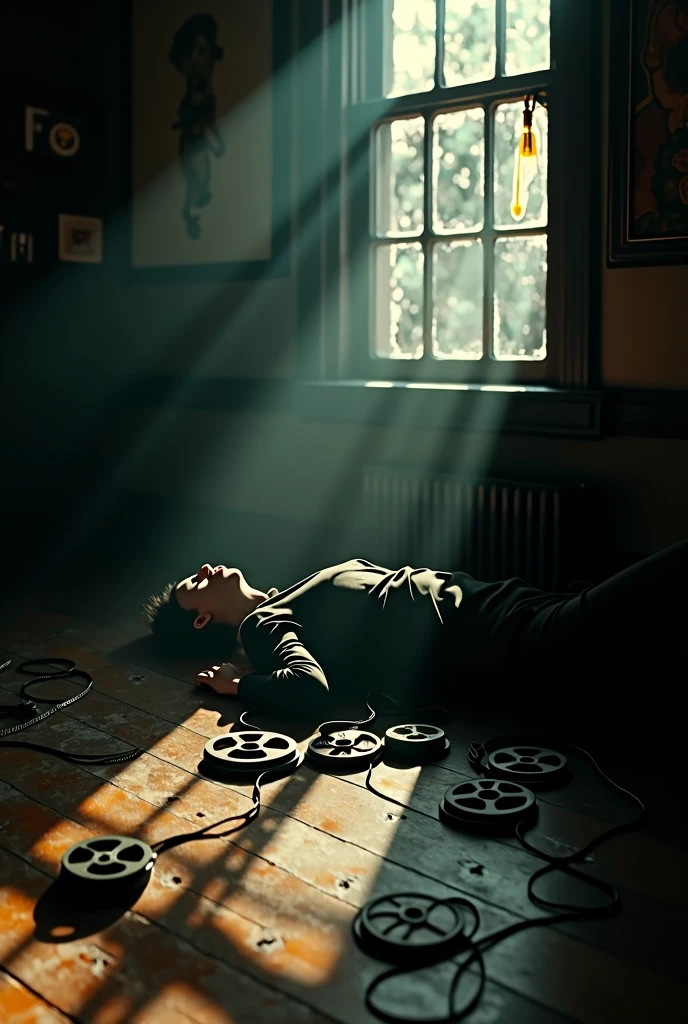 Film reels scattered on the floor. A body lying on the ground. Light coming through a window.