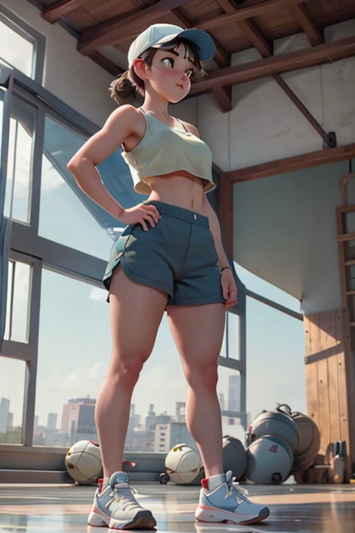athletic , 175 cm tall, wearing baggy running shorts, baggy spaghetti strap crop top, sneakers, baby face,sweaty armpits, well-defined shoulders, sports cap, (full body view, plump breasts, underboob)