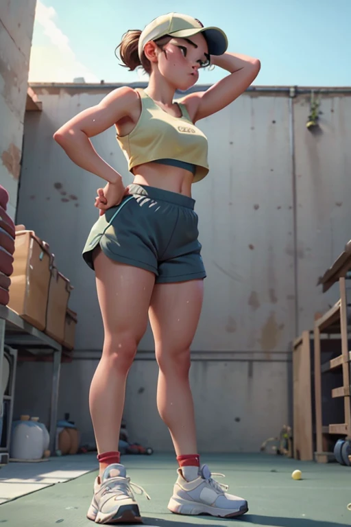 athletic teen, 175 cm tall, wearing baggy running shorts, baggy spaghetti strap crop top, sneakers, baby face,sweaty armpits, well-defined shoulders, sports cap, (full body view, plump breasts, underboob)