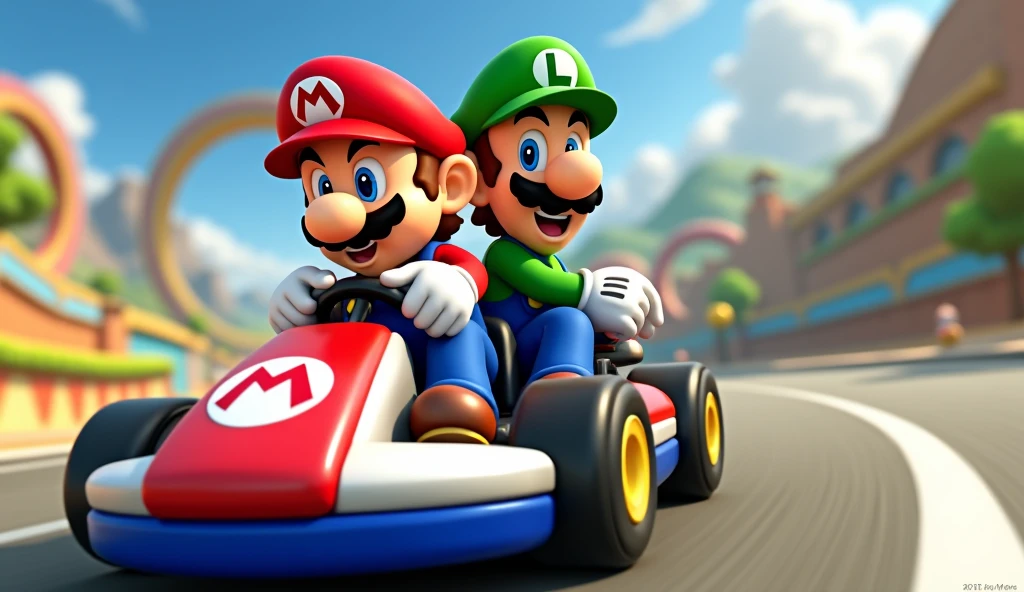Mario and Luigi in the foreground on a Mario Kart Double Dash two-seater, with a Mario Kart Double Dash circuit in the background. 