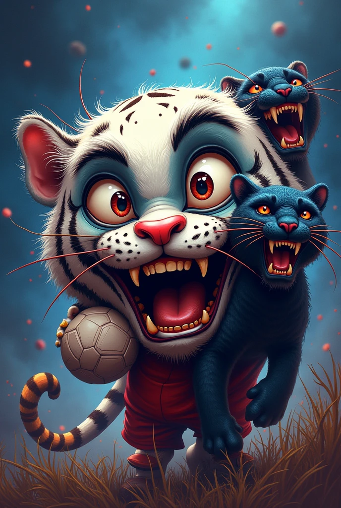 Logo of a soccer ball with an animated crazy face, holding the white Bengal tiger and the panther for schizophrenics of the goal