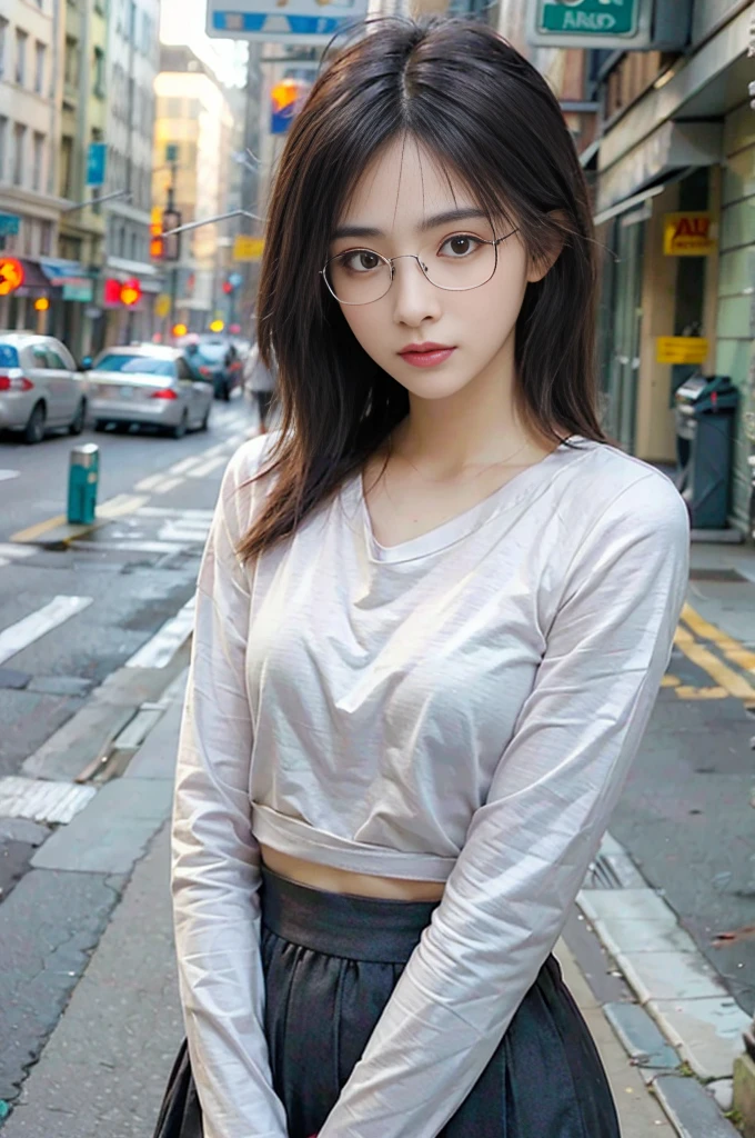 Photo of a beautiful woman standing on a street corner, (masterpiece:1.2, highest quality), (Realistic, photoRealistic:1.4), Beautiful illustrations, (Natural Side Lighting, Cinema Lighting), Written boundary depth, Beautiful thighs staring at the viewer, (((Face Focus, Upper Body))), 1 female, 30-year-old, alone, thin, slender, small breasts!!!, Loose curly hair, Bedhead, Forehead, thin, slender, (((glasses))), long sleeve T-shirt, Skinny skirt, Are standing, New York 25th Street, portrait