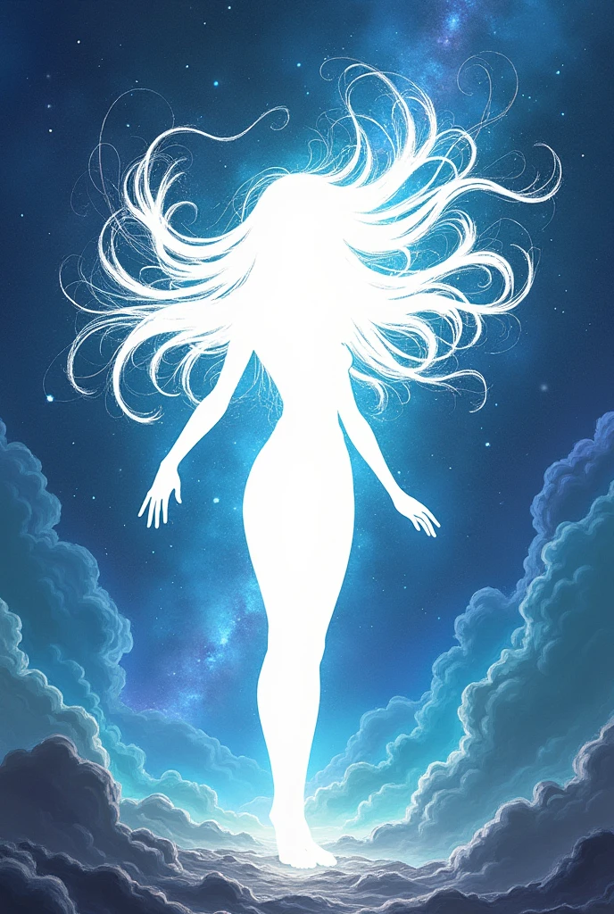A white silhouette of a cosmic entity in the form of very long hair that represents the infinite energy of the universe. Around the cosmos, space time, fantasy anime style.