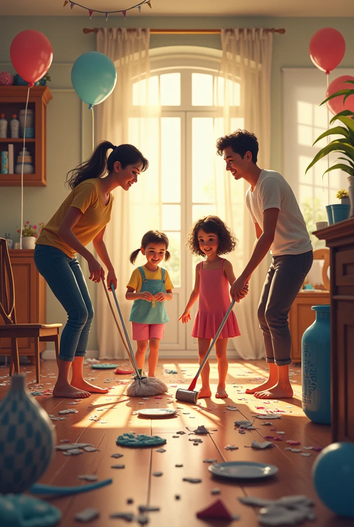 Family cleaning their house after a birthday party with 40 people