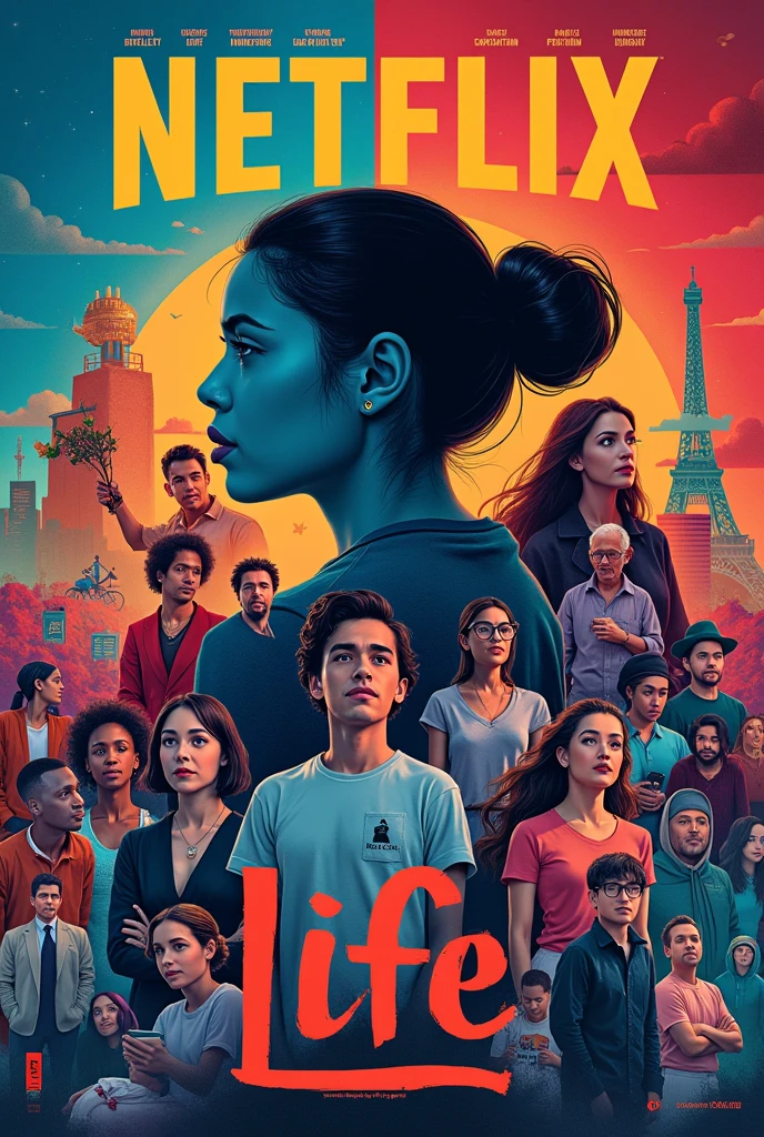 Create a cover where it has the following main title " Netflix of life" from the same source as Netflix, and below the title, Netflix movies not people