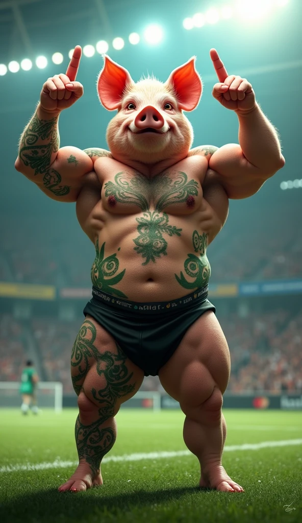 A muscular pig, with a defined gym belly, puffed out chest and no shirt, green tattoos, crossing his arms above his head and pointing the middle finger of both hands, inside a soccer stadium