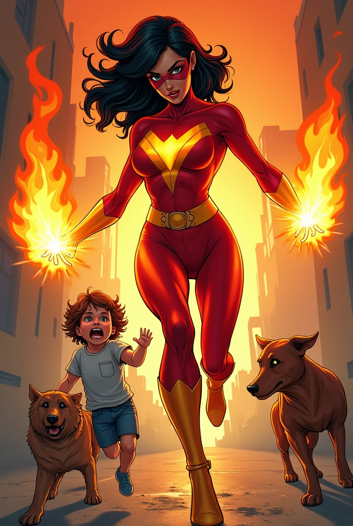 create a comic book cover that has a superhero on it, the superheroine has her red and orange outfit, black hair with red highlights, wear a mask, has the power to put out fires with his hands as if it were a fire extinguisher and is saving a frightened child and some injured animals, and the cover looks like the one in Captain America comics