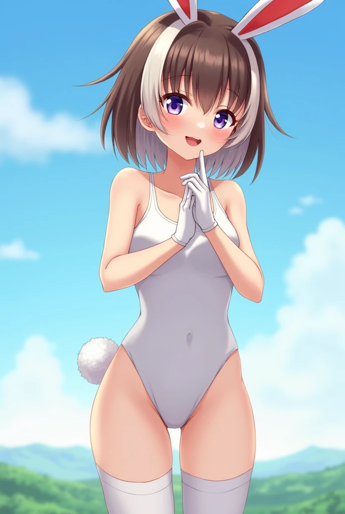 photo of ,1young_teen_ girl,brown_hair,medium_bob_hair,platina_blond_hair,white_leotard,covered_crotch,thigh-highs,smile,standing,bluesky_landscape_background,slightly_spread_legs,happiness, short_gloves ,solo, r18, navel,relicbuster,short,boots,open_mouth,sitting,knees,blush,shy,bunny_ears