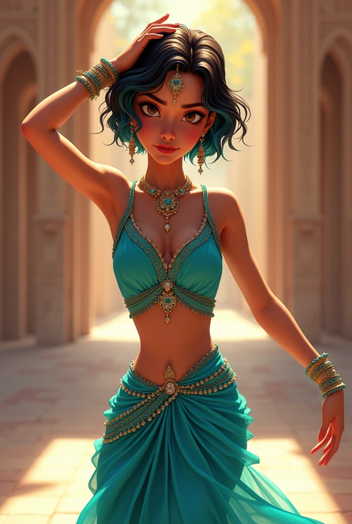 ((art animation 2D)) 20 year old woman with short wavy brown hair with dark blue dyed tips, with blue skin, Brown eyes, with good body, wearing a turquoise colored indian ballerina costume, dancing