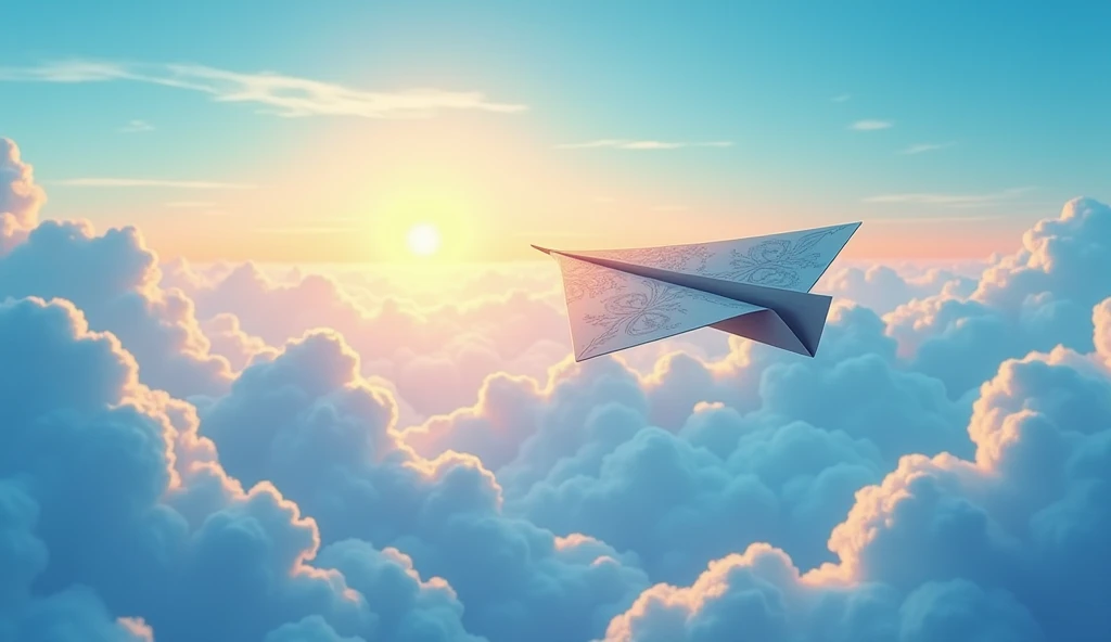 An ultra-high-resolution animated illustration depicting a sky with a rising sun and a big paper airplane flying over blue clouds, viewed from above, displayed on a very wide screen.