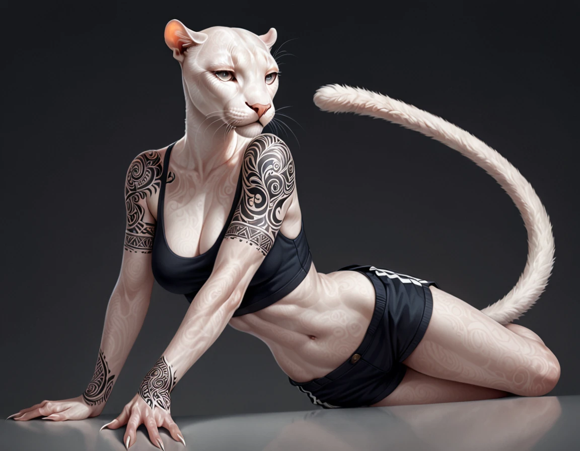 "Highly detailed digital art of a female humanoid anthropomorphic panther character, with a lithe and athletic build. She has a beautiful oval-shaped face with feline features like slanted eyes, a wide nose bridge, and delicate feline ears. Her skin has a pale, almost translucent quality, indicating she is an albino panther. Long, clawed fingers and toes give her hands and feet a graceful, predatory appearance. A long, fluffy tail swishes behind her. She wears minimal, practical clothing like a short top and shorts that expose her tattooed skin. The overall effect is powerful, elegant and captivating."