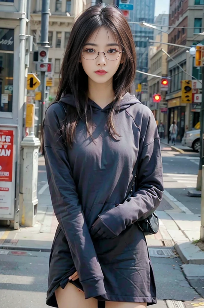 Photo of a beautiful woman standing on a street corner, (masterpiece:1.2, highest quality), (Realistic, photoRealistic:1.4), Beautiful illustrations, (Natural Side Lighting, Cinema Lighting), Written boundary depth, Beautiful thighs staring at the viewer, (((Face Focus, Upper Body))), 1 female, 30-year-old, alone, thin, slender, small breasts!!!, Loose curly hair, Bedhead, Forehead, thin, slender, (((glasses))), long sleeve hoodie, Skinny skirt, Are standing, New York 25th Street, portrait