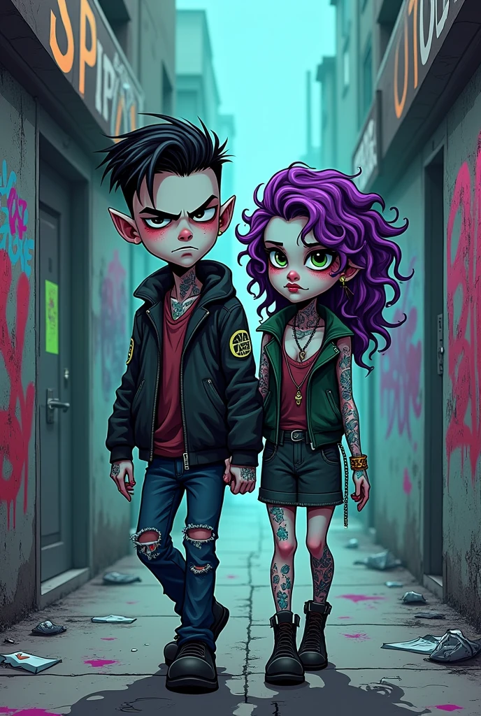 Create a punk cartoon image of a couple walking down a graffitied street, the hiphop style boy and the gothic style girl, that the design is a cyber punk illustration type but in caricature, the two tattooed and white with a serious and gloomy face, Like the illustrations of the band Gorillaz with a darker effect and like the illustration of Love Death and Robots in The Witness but not so cartoonish., If not more zombie style or anime that is not realistic, 90s type illustration and the girl with curly purple hair cyber punk anime type
