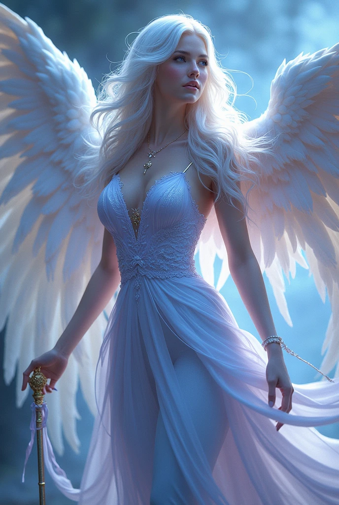 I want a beautiful woman, with hair with white and light blue hair, lilac eyes, A 6-winged deity wears a dress that is multi-colored in the light, He carries a golden magic scepter