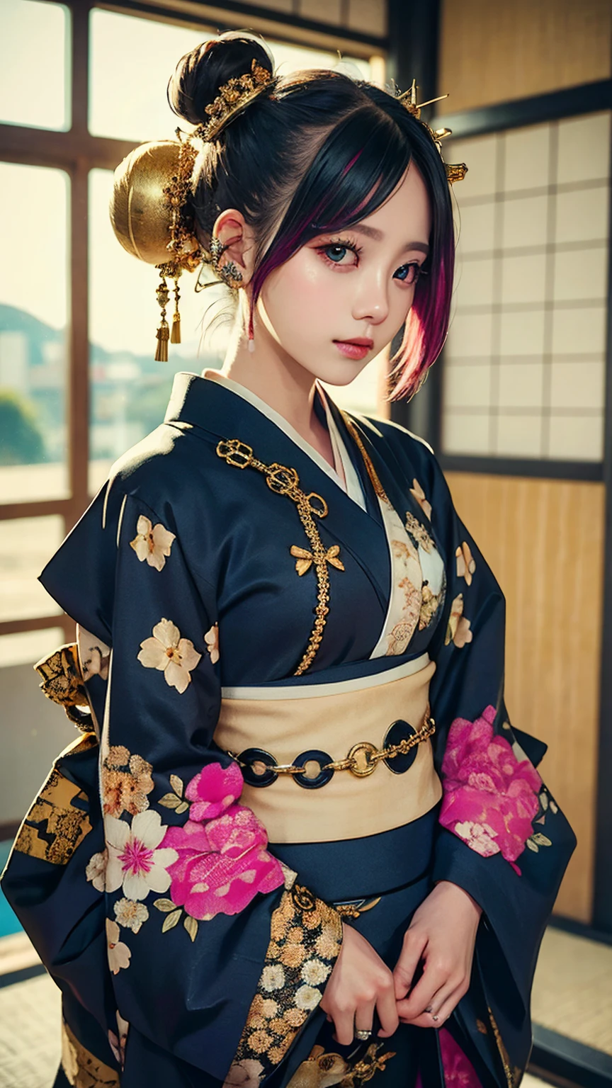 masterpiece, Highest quality, A solemn Japanese-style room with tatami mats, A large photograph of a woman from head to waist, Face from an angle, Chain-themed accessories, (Punk rock swimsuit-like kimono, black地に赤＋gold:1.3), (black＋passion pink hair color, Mid-length hair, Bun Hair), (blackい瞳, Sparkling eyes), (Lots of eyelashes)