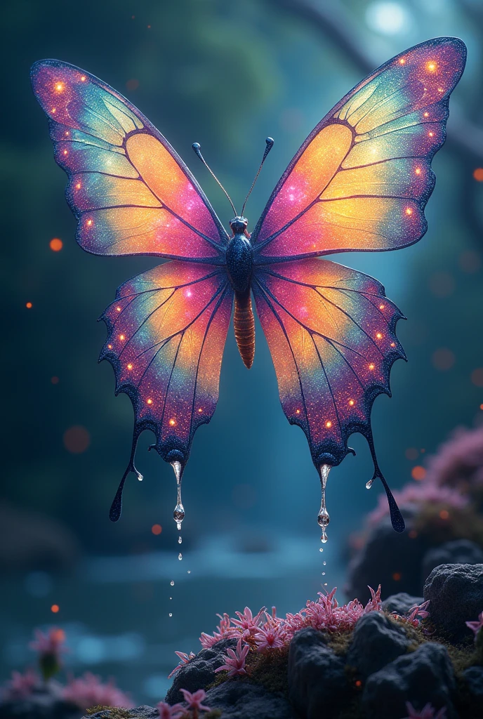 butterfly full of colors like a galaxy crying tears over the world