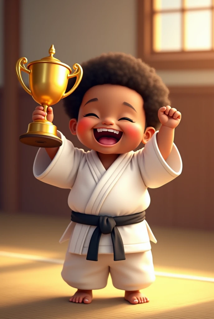 Create an image of a chubby black child who appears to be , wearing a white kimono and black belt on a tatami smiling and next to his golden trophy happy with the victory