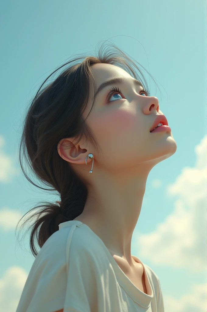 Girl with snow white skin, blue colored eyes, Looking at the sky, blushed face, dressing, confortable clothes, 