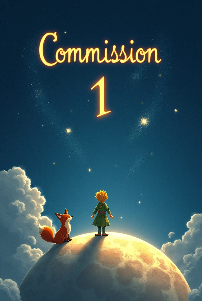 It should say verbatim at the top: Commission N#1 in large letters the background should be space and the little prince and the fox should be above the moon looking at the letters that say Commission N#1