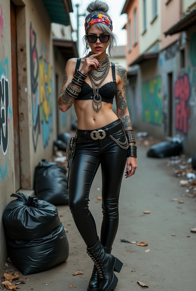 russian milf woman, grey hair (bouffant, top bun) and oversized square sunglasses and wide colourful bandana as headband, with very light green eyes, extremely pale. Big lips. Black lace push up bra, silicone breast,, tight skinny black low rise leather jeans. Light pink high heel mules. Lots of thick wide studded bracelets, chain necklaces and big rings,. Two loose studded belts. Long earrings with chains and feathers. Leaning against a graffitied wall, separated legs, touches her lip with one hand and touches her necklaces with the other hand. Chin down in shame, looking down at the ground, Neck, chest, stomach and wrists heavily tattoed. Toned abdominals, thin neck, slim legs and thin arms. Narrow hips. Full body. At a dead end street with graffitied walls, ground littered with waste and piled black plastic garbage bags. Full body, frontal view