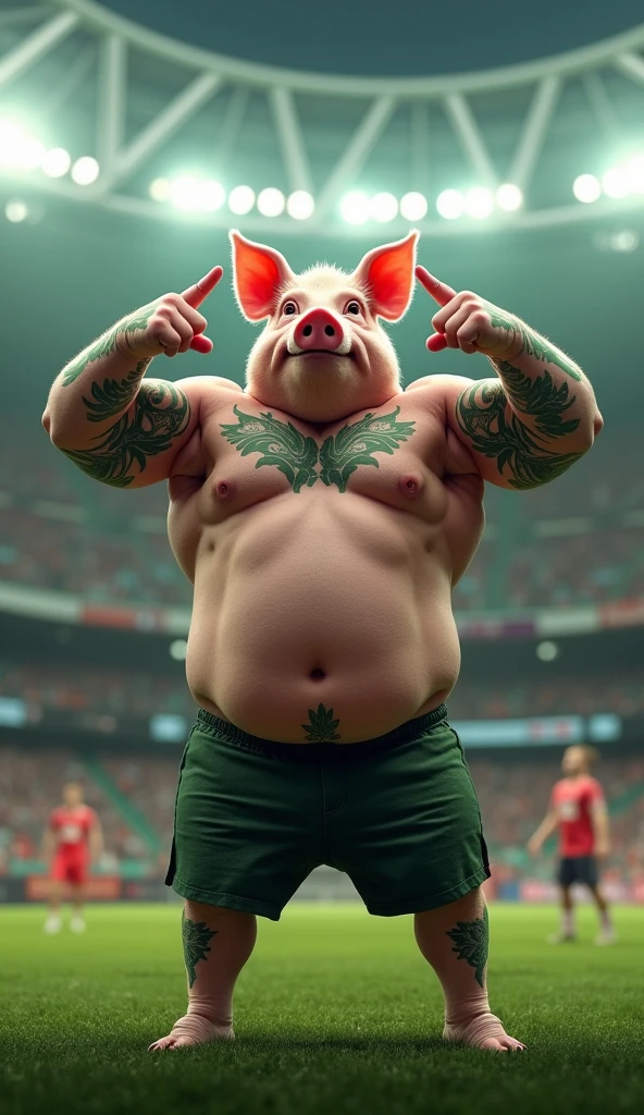 A muscular pig, with a defined gym belly, puffed out chest and no shirt, green tattoos, crossing his arms above his head and pointing the middle finger of both hands, inside a soccer stadium