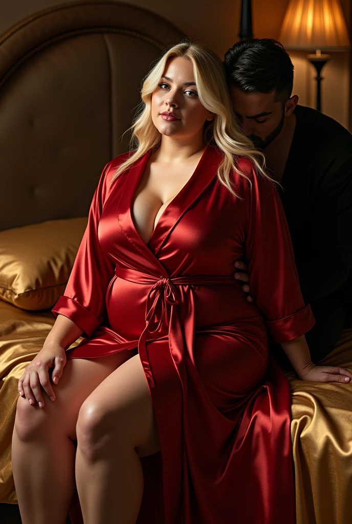 Blonde milf with wearing a red silk satin robe with big boobs lying on a bed with king size satin bedding and blanket in dark golden color being kossed by a black man on neck from behind