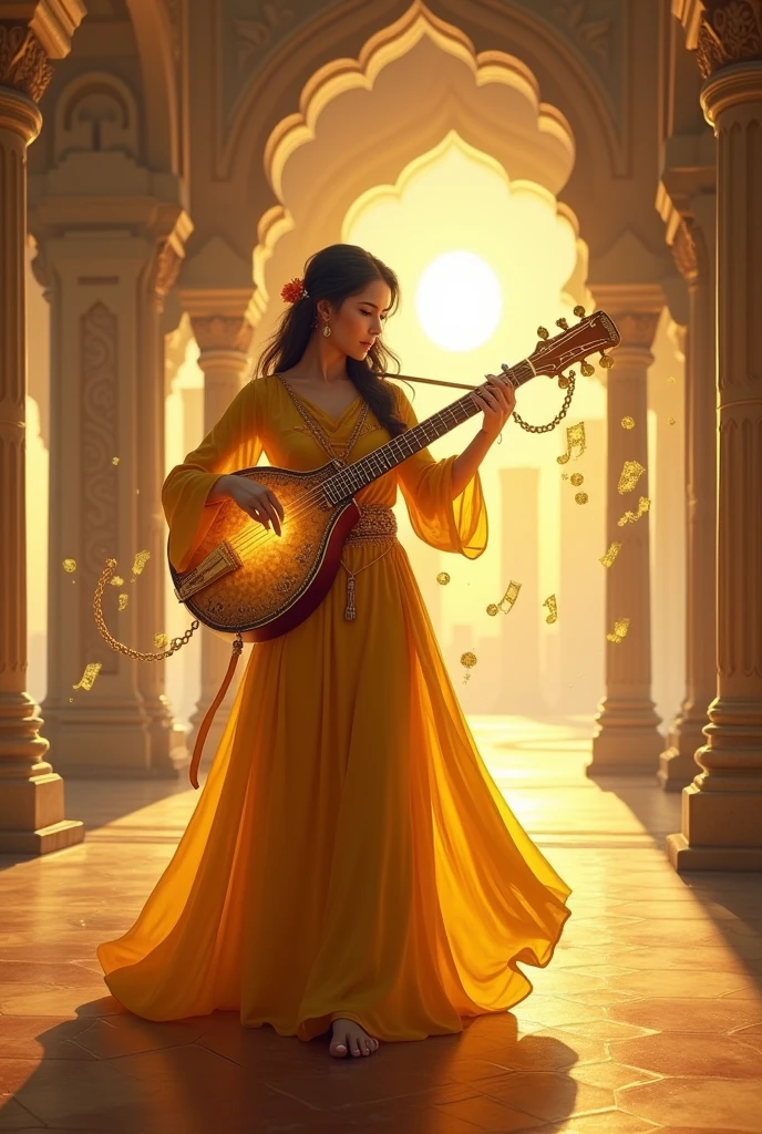 rpg artstyle, female arabic musician fantasy bard, in yellow clothes, smiling and playing a instrument full of soft yellow light. background is a large salon with high columns, there is golden sunlight hitting the columns